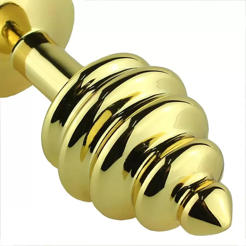 Маленькая анальная пробка Plug Gold ребристая с кристаллом – золотистый/синий