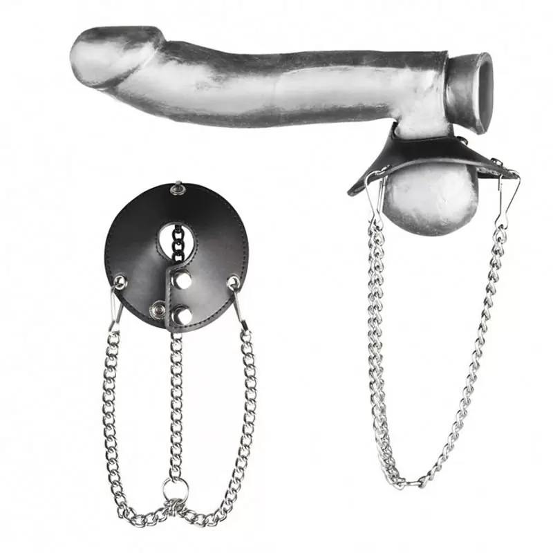 Кожаная утяжка для мошонки Parachute Ball Stretcher с цепочками – черный