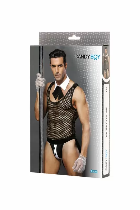 Костюм официанта Candy Boy Juan (майка, воротник с галстуком, трусы, перчатки), черно-белый, OS