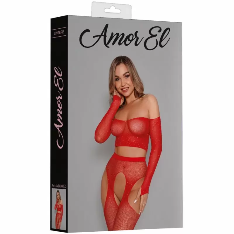 Комплект из топа и чулок с поясом и стразами (красный)