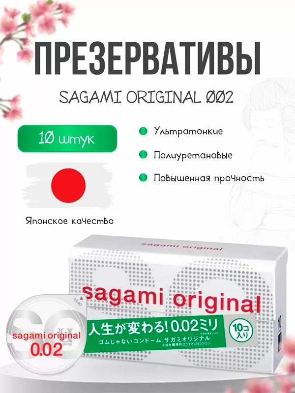 Гладкие презервативы Sagami Original 002 полиуретановые, ультратонкие, 10 шт