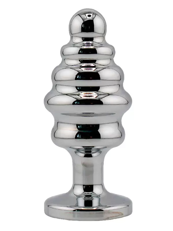 Серебряная ребристая анальная пробка с темно-синим кристаллом (Medium)