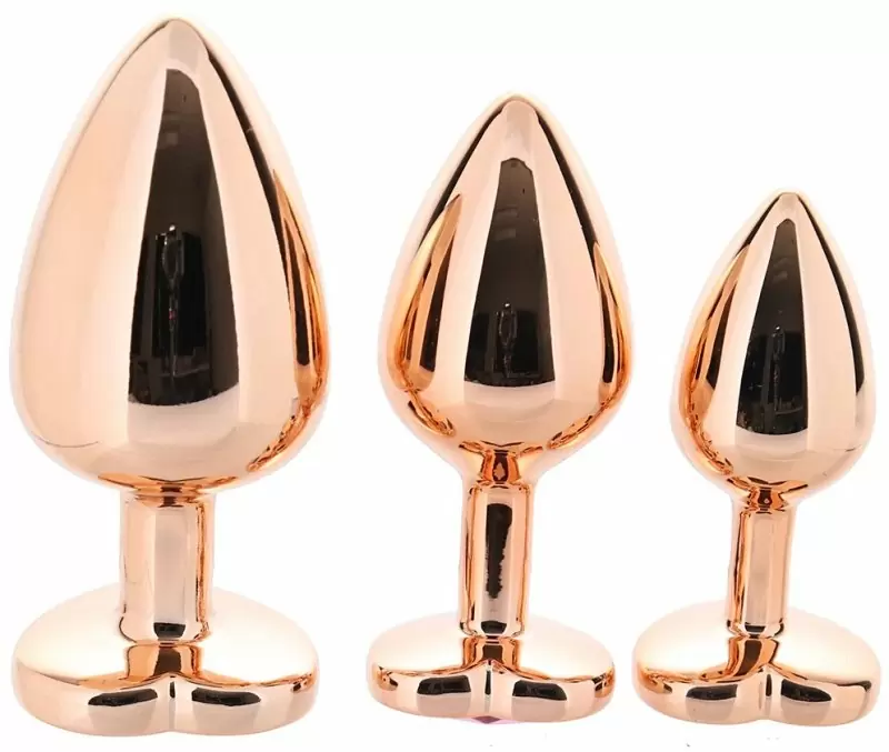 Алюминиевая анальная пробка Kanikule Pink Heart с розовым кристаллом в форме сердца, 6 см х 2,6 см, розовое золото, Small