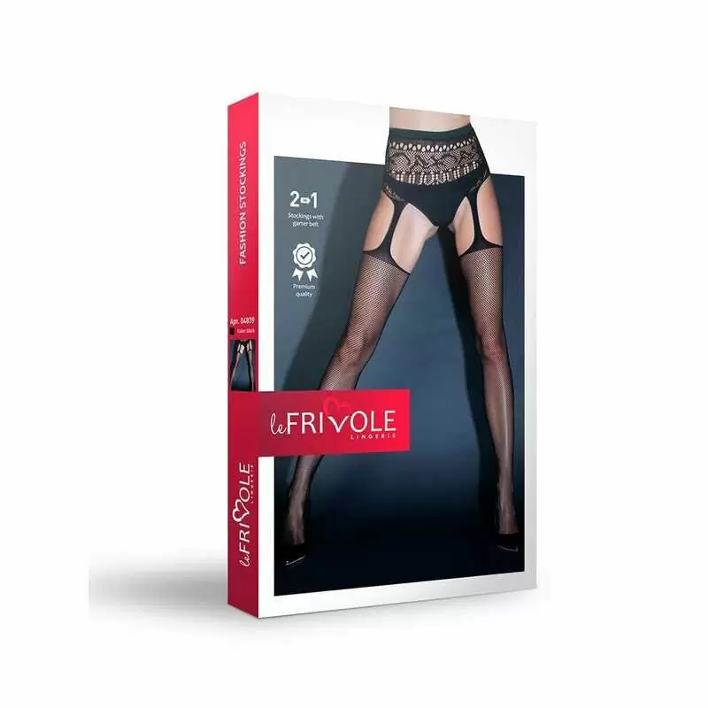 Чулки в сетку с высоким кружевным поясом, черные - S/M