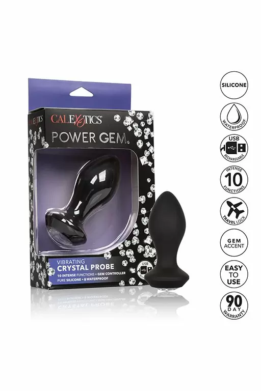 Анальная вибропробка California Power Gem, с белым кристаллом, 9,5 см, 10 режимов, силикон, черный