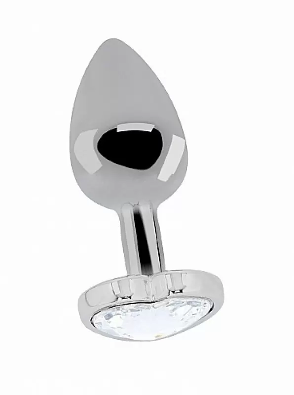 Серебряная анальная пробка с бриллиантовым кристаллом в форме сердца - 2,7 см.