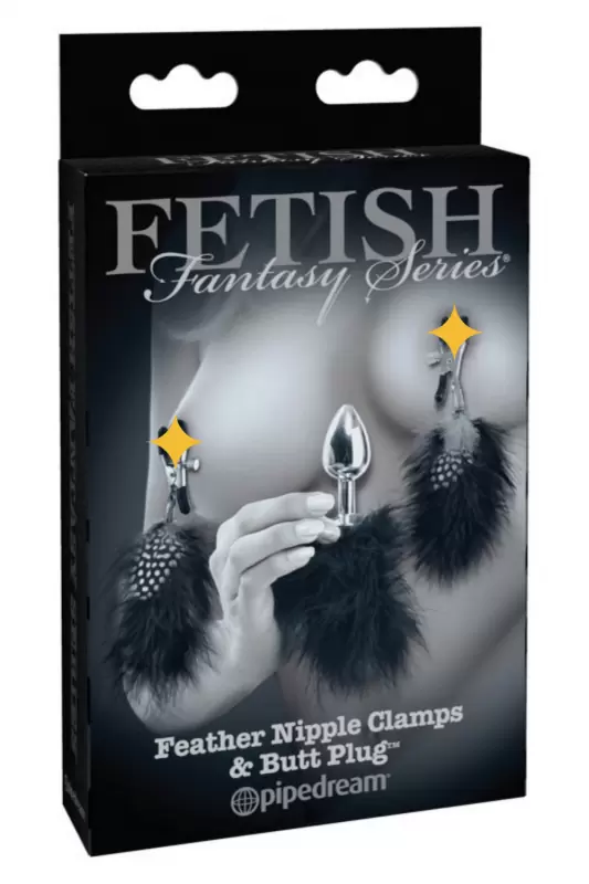 Зажимы для сосков и анальная пробка с перышками Feather Nipple Clamps & Butt Plug – черный