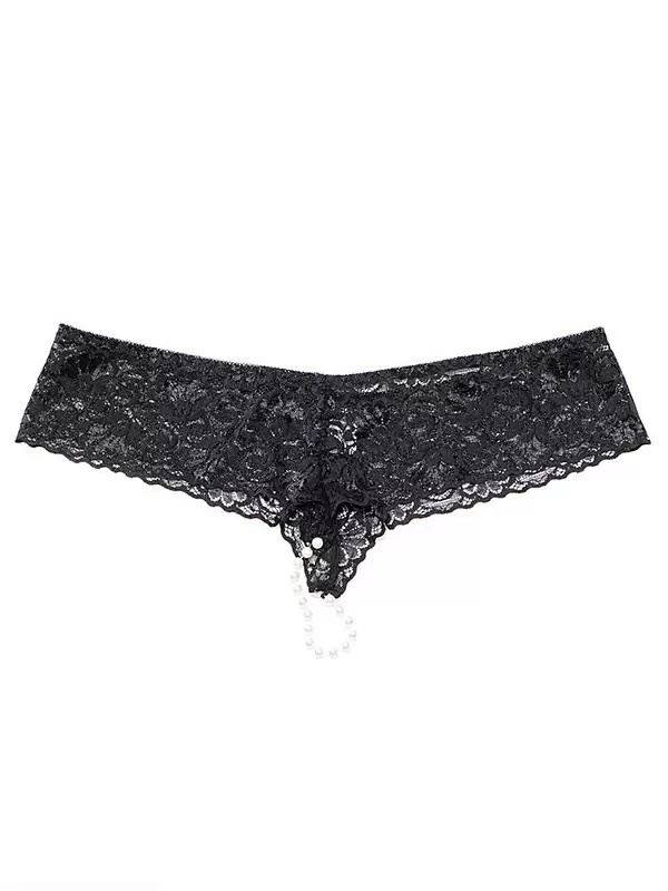 Трусики-тонг Coquette с жемчужной нитью – черный, Queen Size