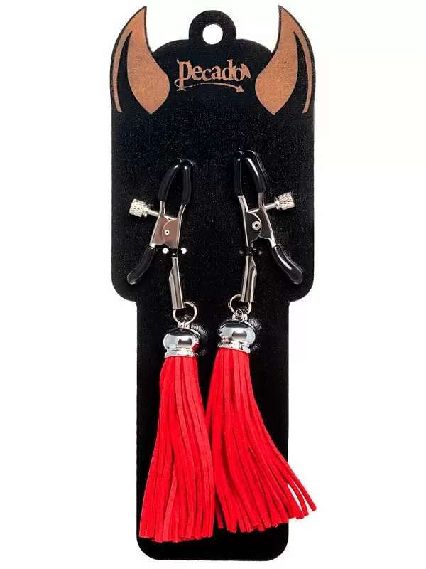 Зажимы на соски Pecado BDSM, «Прищепки», с кисточками из замши, металл, красные