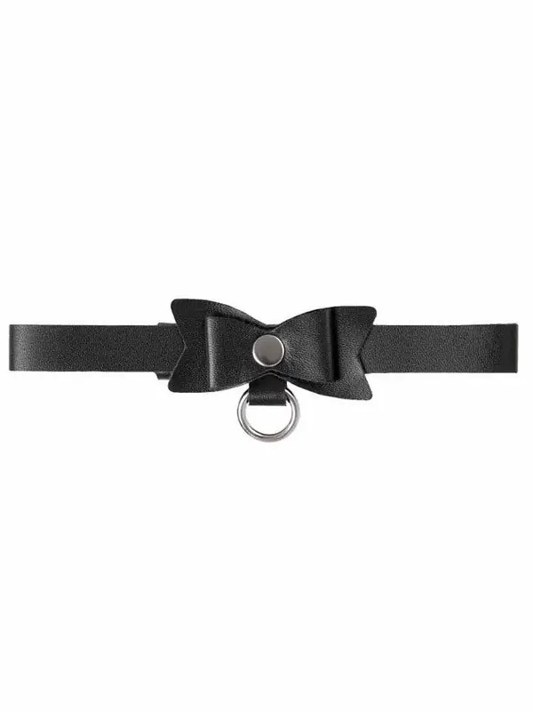 Кожаный чокер Pecado BDSM — чёрный, с кольцом и бабочкой, натуральная кожа