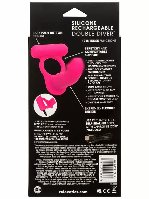 Перезаряжаемое эрекционное виброкольцо California Exotic Novelties Double Diver, для двойного проникновения, 12 режимов, силикон