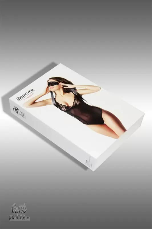 Сексапильное боди с маской для глаз и подвязкой Demoniq Simone черного цвета – S