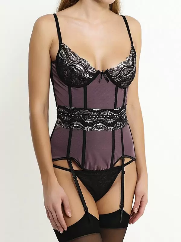 Изысканный лавандовый корсет Coquette с черным сверкающим кружевом – S