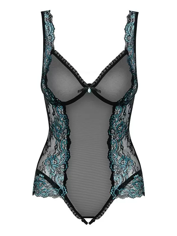 Черное полупрозрачное боди с кружевными вставками по бокам Amanta (Obsessive) – L/XL