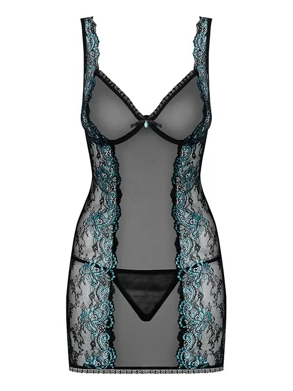 Черная полупрозрачная сорочка с голубым кружевом по бокам и стринги Amanta (Obsessive) – S/M