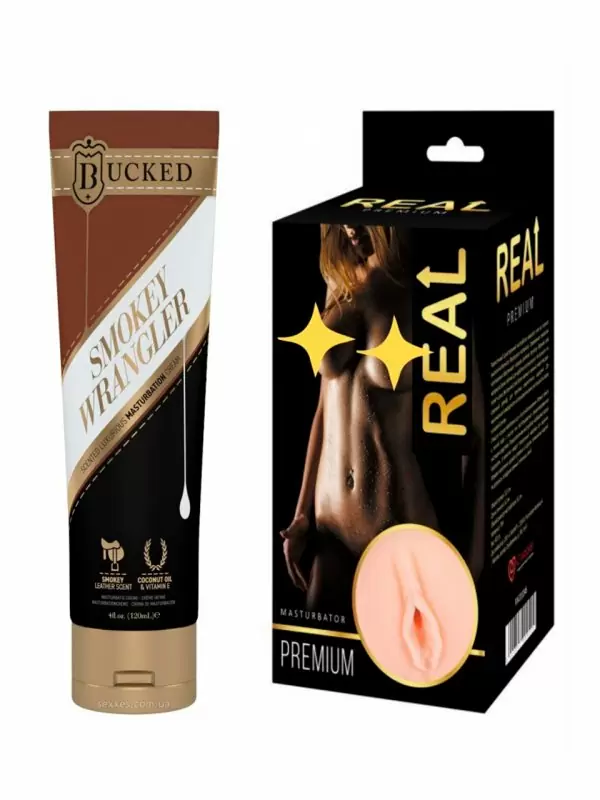 Ароматизированный косметический крем для мастурбации Bucked Smokey Wrangler - 60 мл. и Реалистичный односторонний мастурбатор Real Women Dual Layer с двойной структурой 15.5 см.