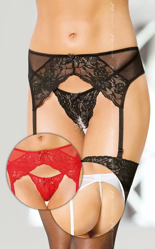 Пояс для чулок и стринги с разрезом Softland красного цвета – M/L