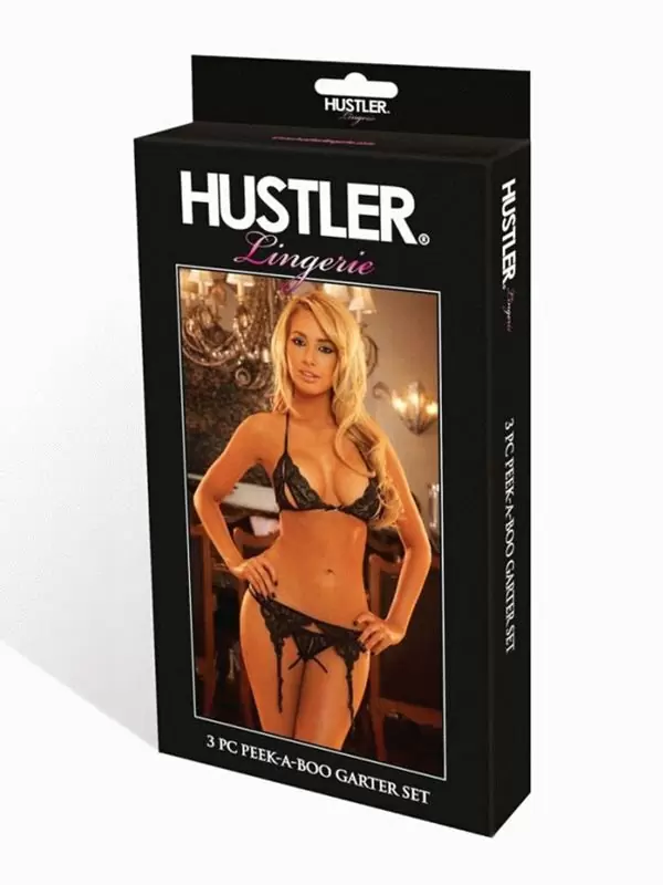 Кружевной комплект с эротичными разрезами Hustler Lingerie: лиф, трусики, пояс с подвязками – черный