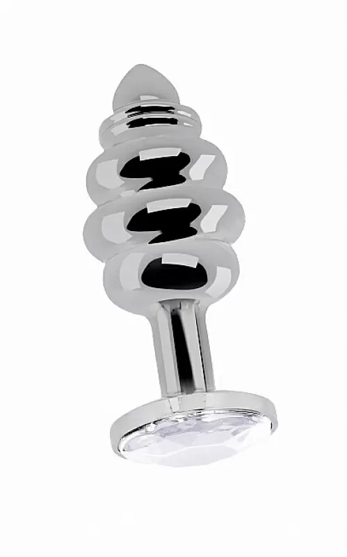 Ребристая серебряная анальная пробка с бриллиантовым кристаллом - 3,5 см.