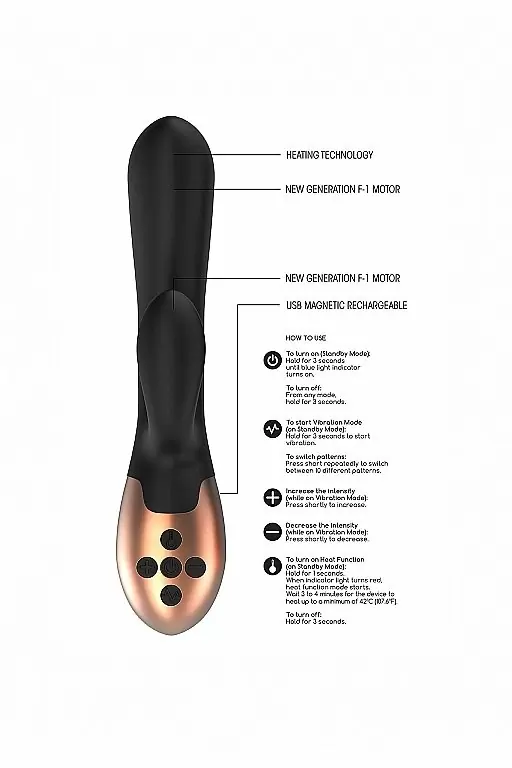 Вибратор-кролик с функцией нагрева Exquisite (черный): 20.5 см, 10 режимов вибрации, АБС/силикон