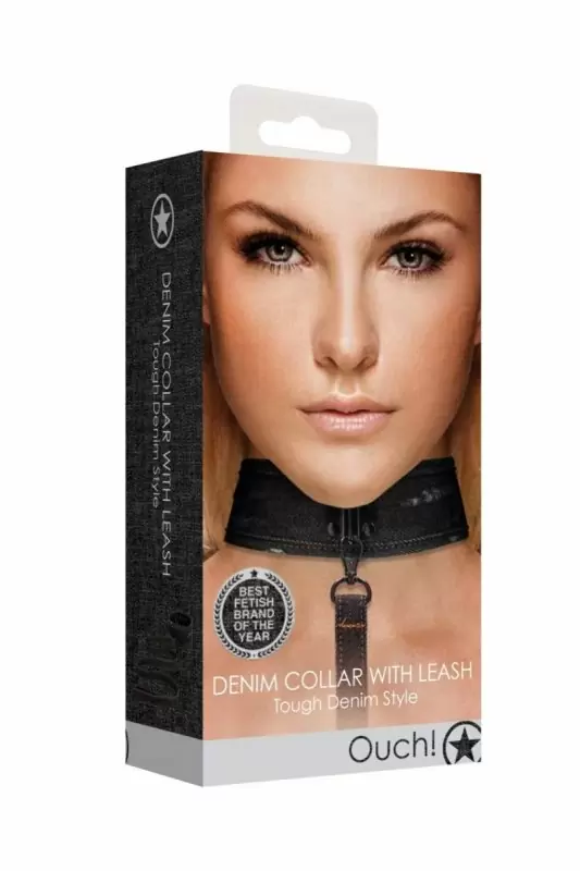Джинсовый ошейник With Leash - Roughend Denim Style, с поводком, 48 см, черный