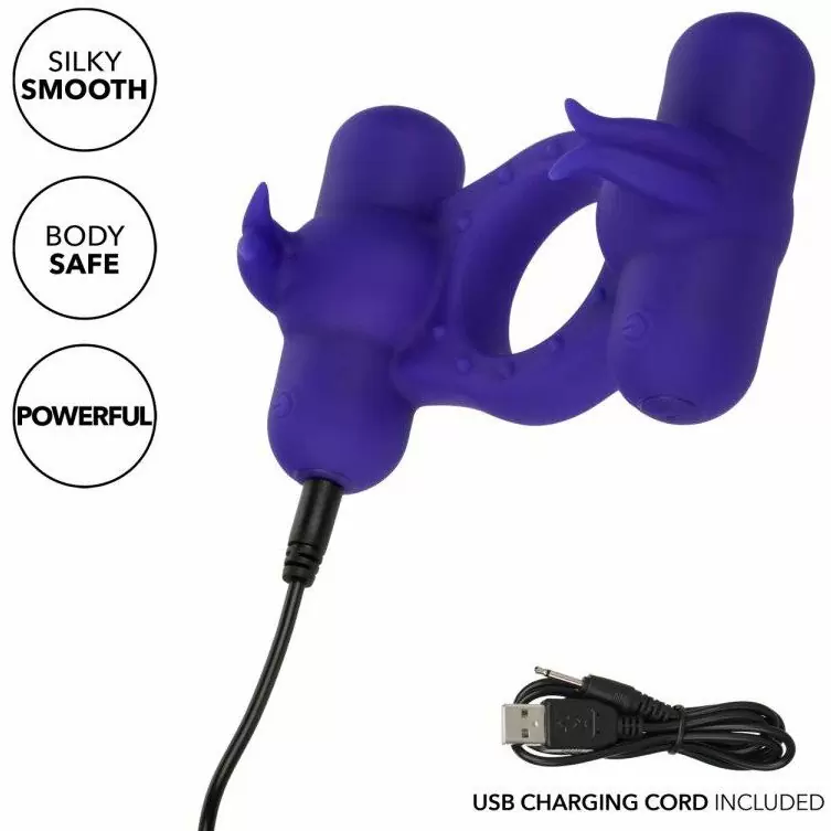 Перезаряжаемое эрекционное виброкольцо Silicone Rechargeable Triple Orgasm Enhancer, с двумя моторами, диаметр 3,25 см, фиолетовый