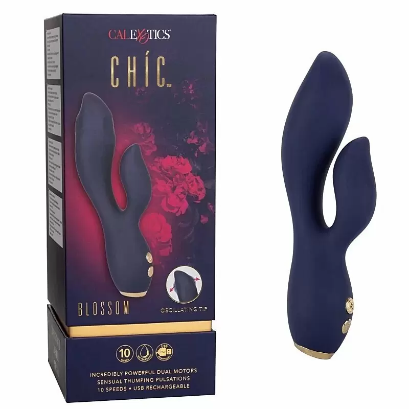 Изогнутый вибратор-кролик Chi­c Blossom 10,25 см, 10 скоростей, силикон, синий