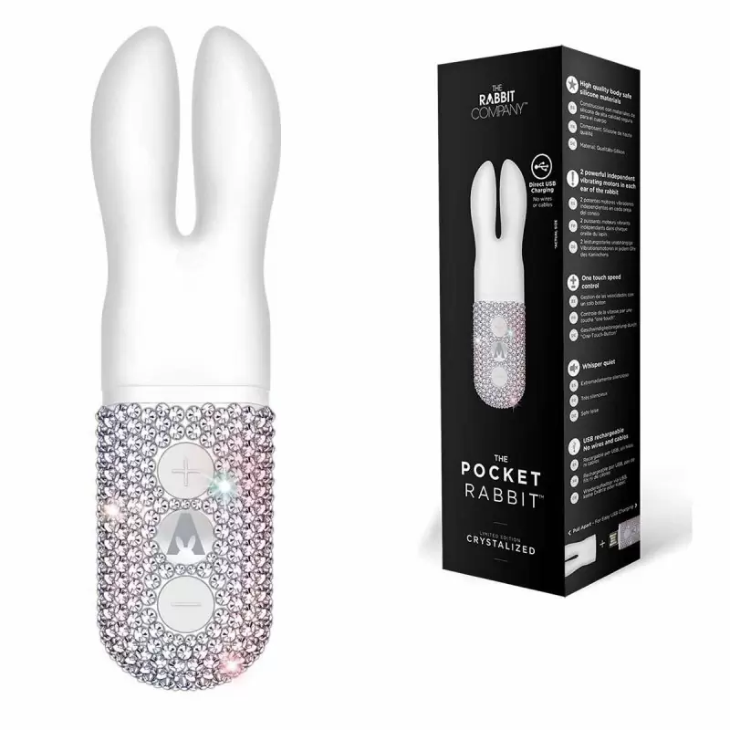 Карманный вибромассажёр-кролик с ушками и кристаллами The Rabbit Company The Pocket Rabbit Crystalized – белоснежный