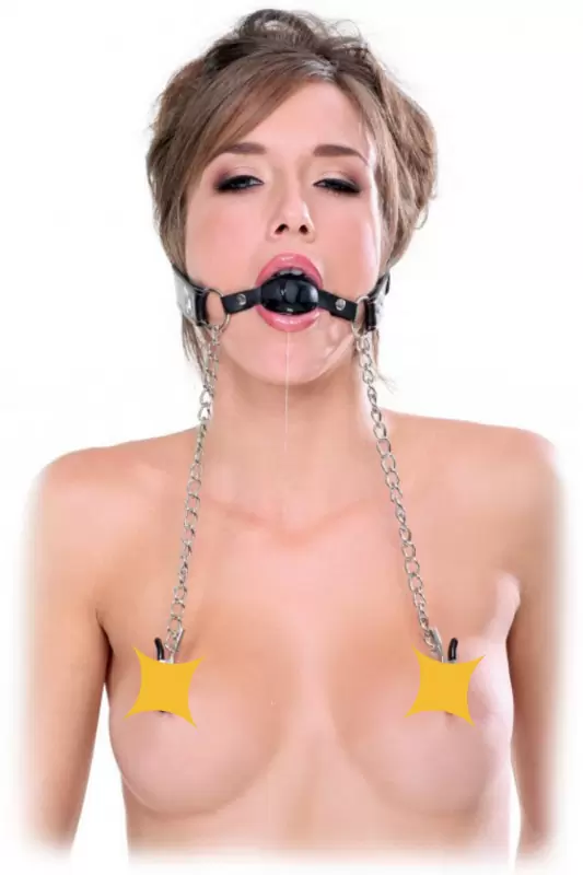 Пластиковый кляп с зажимами для сосков Pipedream Fetish Fantasy Extreme Deluxe Ball Gag and Nipple Clamps – чёрный, серебристый   