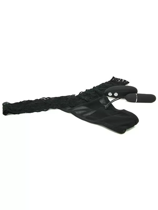 Кружевные трусики-тонг с вибрацией на радиопульте – черный, S/M