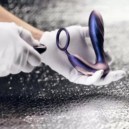 Ребристый стимулятор простаты EDC Black Hole, с эрекционным кольцом, с пультом Д/У, 14,3 см, фиолетовый