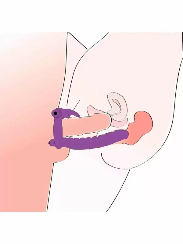 Эрекционное кольцо Double Delight, с наружним фаллоимитатором для двойного проникновения, 16 см, силикон, фиолетовый