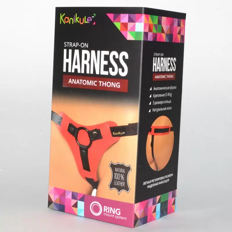 Страпон-трусики Kanikule Anatomic Thong O-ring кожаные – красный с черным