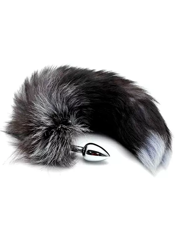 Металлическая анальная пробка Alive Black And White Fox Tail, 7 см, с пушистым хвостом, серебристый