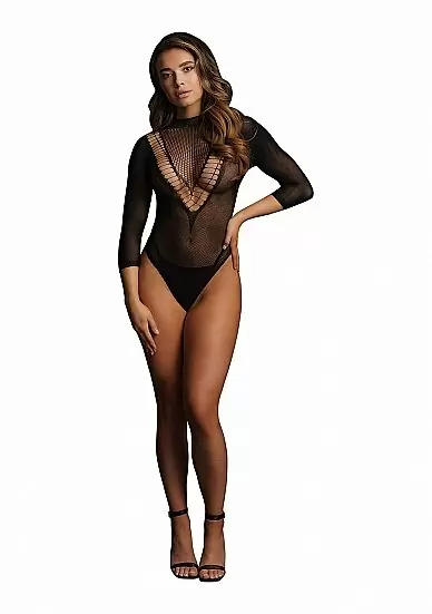 Чёрное боди с рукавами 3/4 и V-образным вырезом — размеры S-XL