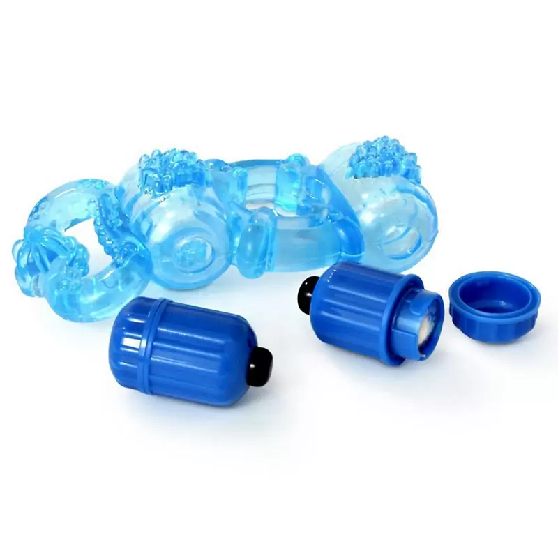 Кольцо на пенис Trio О с двумя стимуляторами и петлей на мошонку – прозрачный