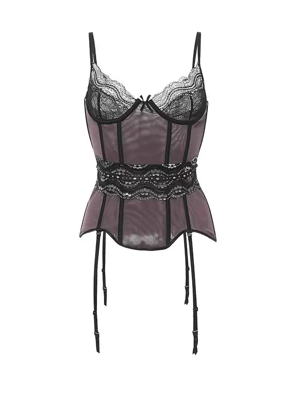 Изысканный лавандовый корсет Coquette с черным сверкающим кружевом – S