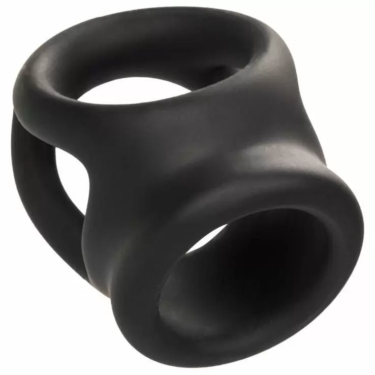 Универсальное эрекционное кольцо Alpha Liquid Silicone Dual Cage & Ring, с подхватом мошонки, диаметр 3,75 см, ТПЕ, черный