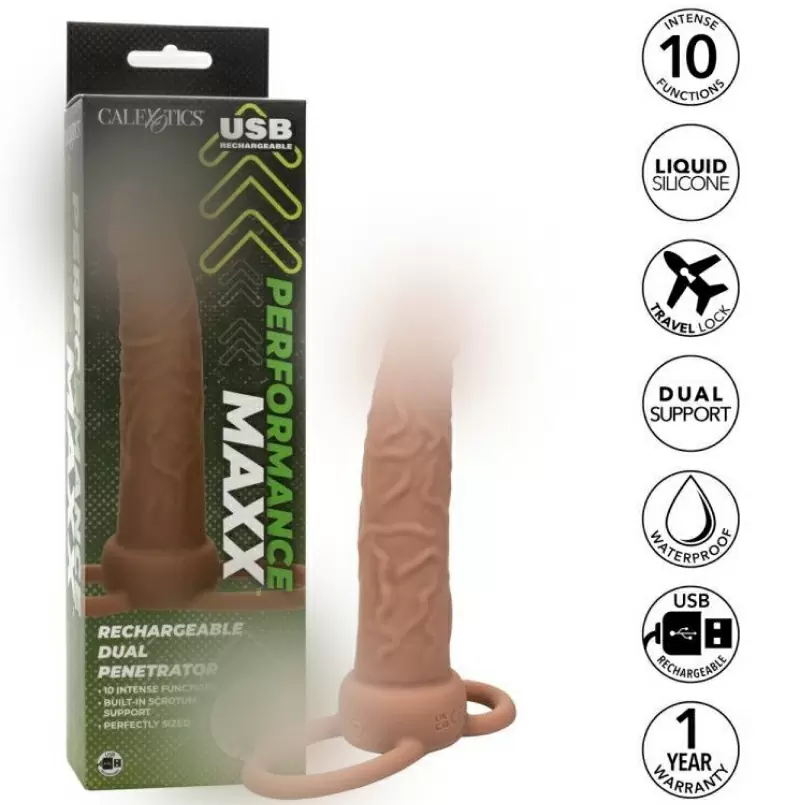 Реалистичная вибронасадка Performance Maxx Rechargeable Dual Penetrator, для двойного проникновения, 14 см, 10 режимов, телесный