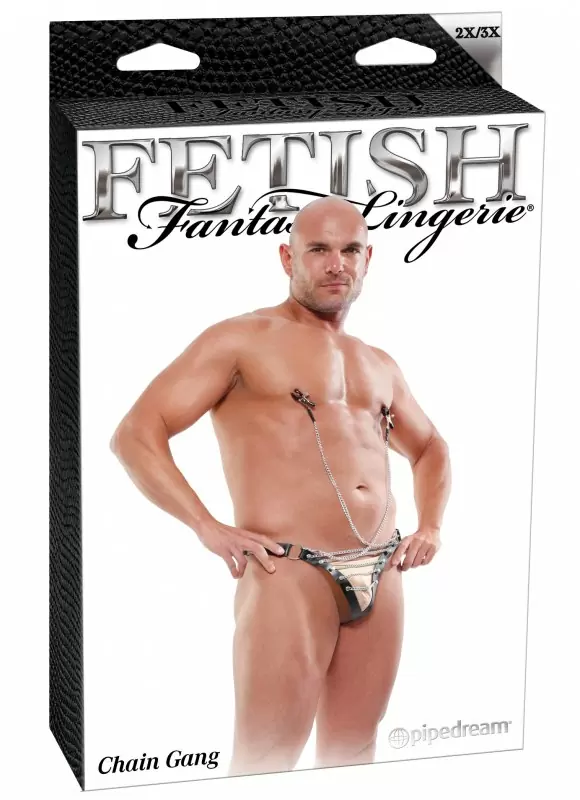 Стринги с зажимами для сосков Chain Gang - 2XL/3XL