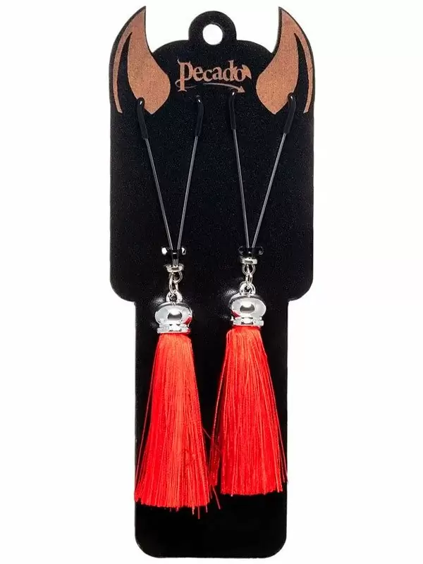 Зажимы на соски Pecado BDSM, «Вилки», с кисточками из шелка, металл, красные