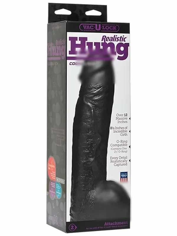 Реалистичная насадка фаллоимитатор Hung Vac-U-Lock CodeBlack, с мошонкой, 31 см, черный