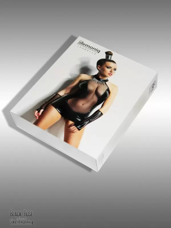 Глянцевый черный комплект из сексуального боди и перчаток Demoniq Isabelle – L/XL