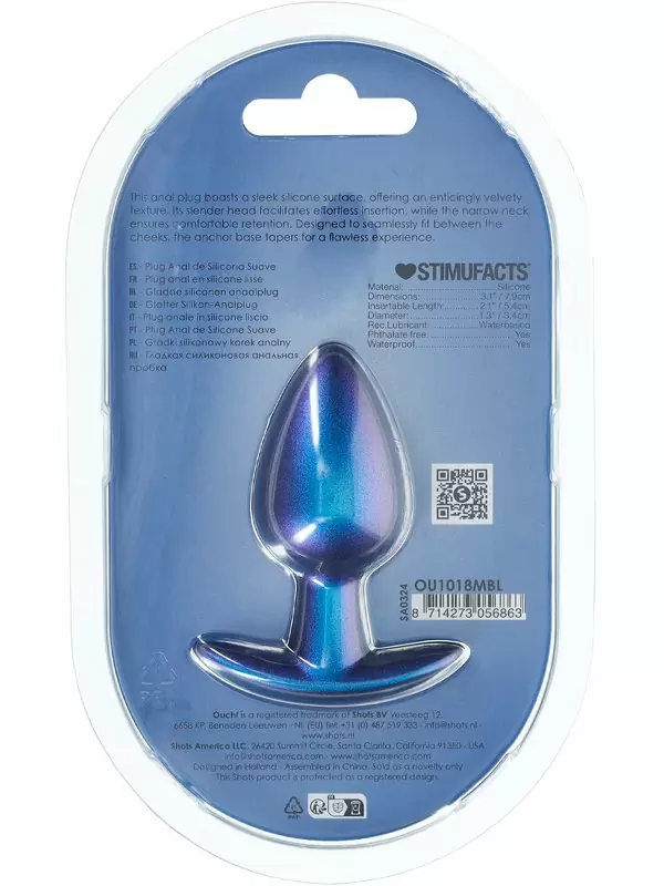 Гладкая анальная пробка Shots toys, 7,9 см, силикон, синий металлик