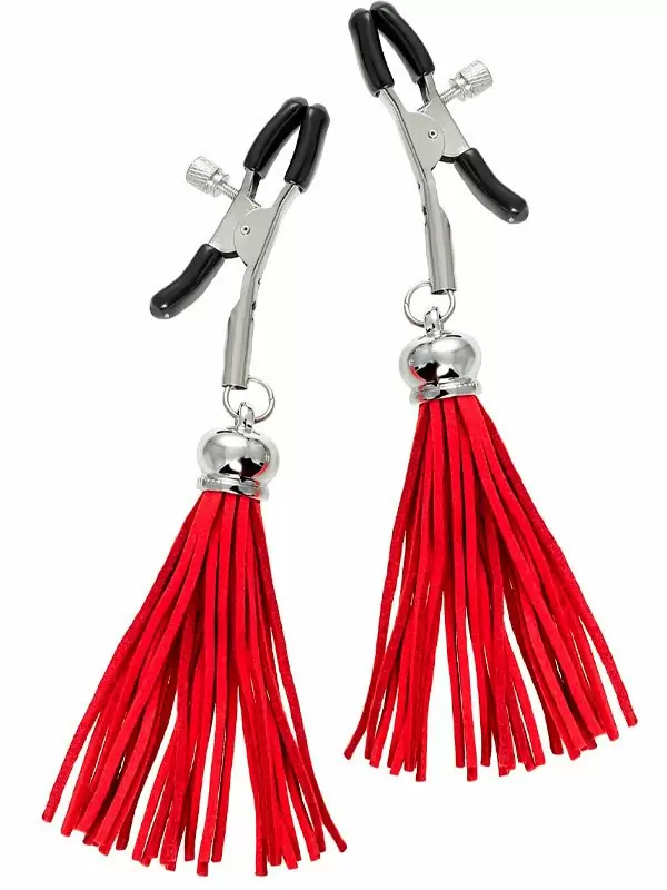 Зажимы на соски Pecado BDSM, «Прищепки», с кисточками из замши, металл, красные