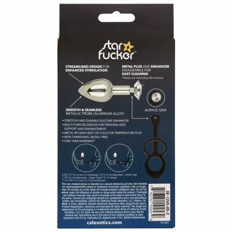 Металлическая анальная пробка с эрекционным кольцом STARFUCKER MINI PLUG, с подхватом мошонки, 5,7 см, диаметр 2,5 см