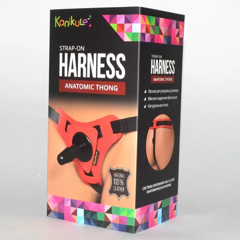 Страпон-трусики Kanikule Anatomic Thong кожаные – красный с черным
