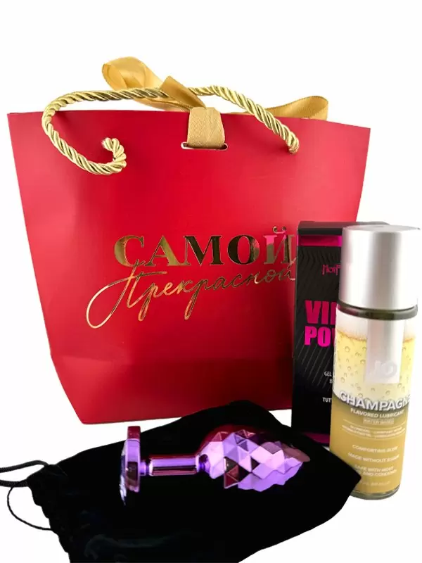 Новогодний набор для женщин Frost&Fire: текстурированная металлическая пробка Kanikule Medium, жидкий вибратор Hot Flowers Vibro Power, тутти-фрутти, 15 мл, оральный лубрикант Jo Flavors, шампанское, 60 мл