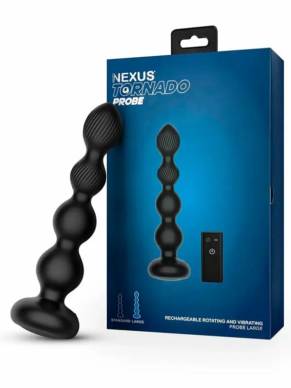 Анальная вибровтулка Nexus Tornado Beaded Probe Large с функцией вращения, 18,8 см, черная | Он и Она 18+