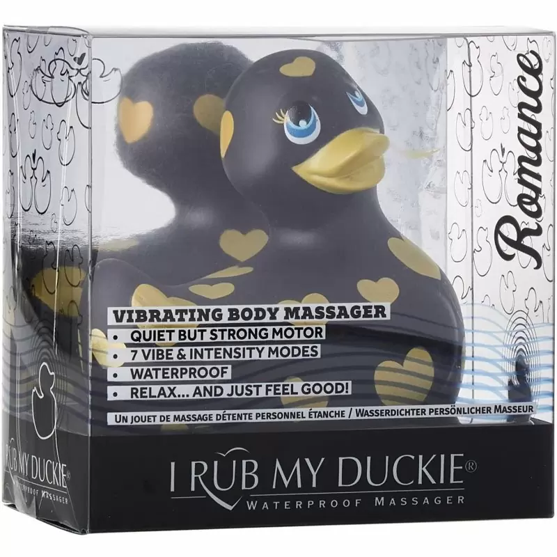 Черный вибратор-уточка Big Teaze Toys I Rub My Duckie 2.0 с жёлтыми сердечками, 7,5 см